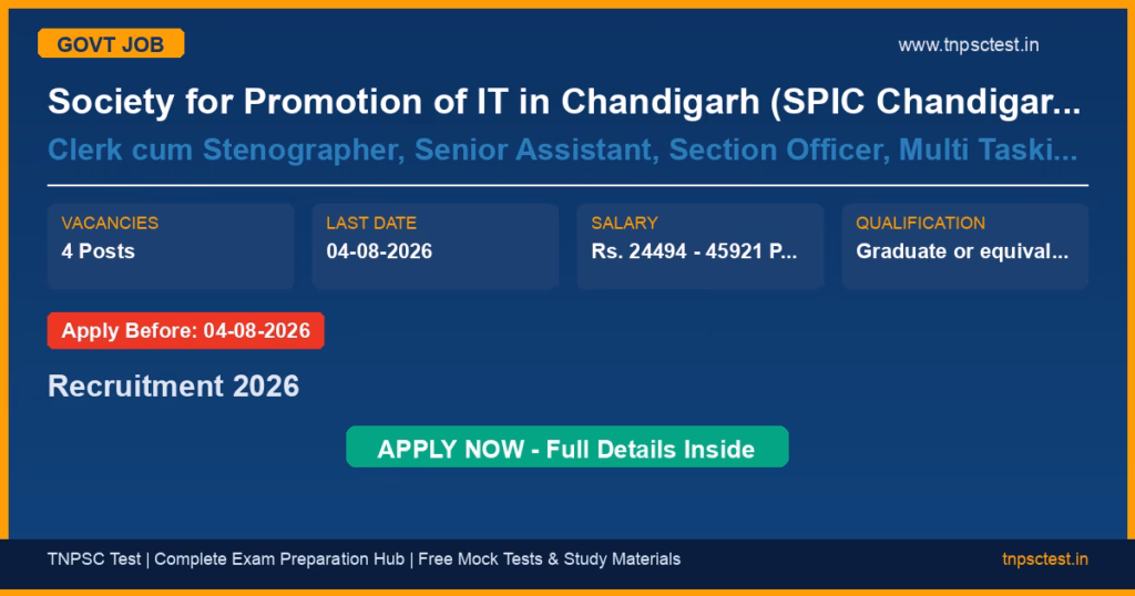 Society for Promotion of IT in Chandigarh (SPIC Chandigarh) Clerk cum Stenographer, Senior Assistant, Section Officer, Multi Tasking Staff (MTS) Recruitment 2026