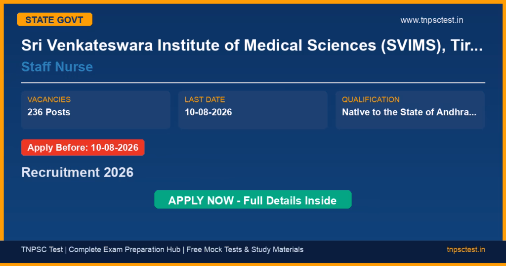 Sri Venkateswara Institute of Medical Sciences (SVIMS), Tirumala Tirupati Devasthanams, Tirupati Staff Nurse Recruitment 2026