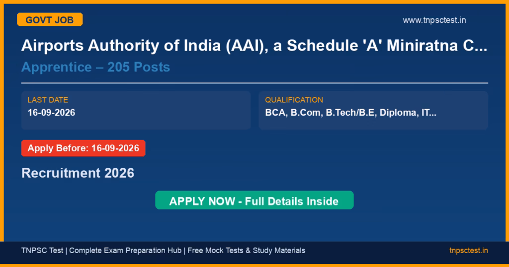 Airports Authority of India (AAI), a Schedule 'A' Miniratna Category-1 Public Sector Enterprise Apprentice – 205 Posts Recruitment 2026