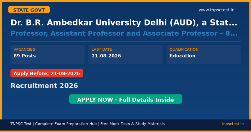 Dr. B.R. Ambedkar University Delhi (AUD), a State University established through an Act of the Legislature of the NCT of Delhi Professor, Assistant Professor and Associate Professor – 89 Posts Recruitment 2026