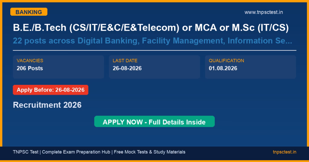 B.E./B.Tech (CS/IT/E&C/E&Telecom) or MCA or M.Sc (IT/CS) 22 posts across Digital Banking, Facility Management, Information Security, Security, Enterprise Data Management, and Corporate Accounts & Taxation Planning Recruitment 2026