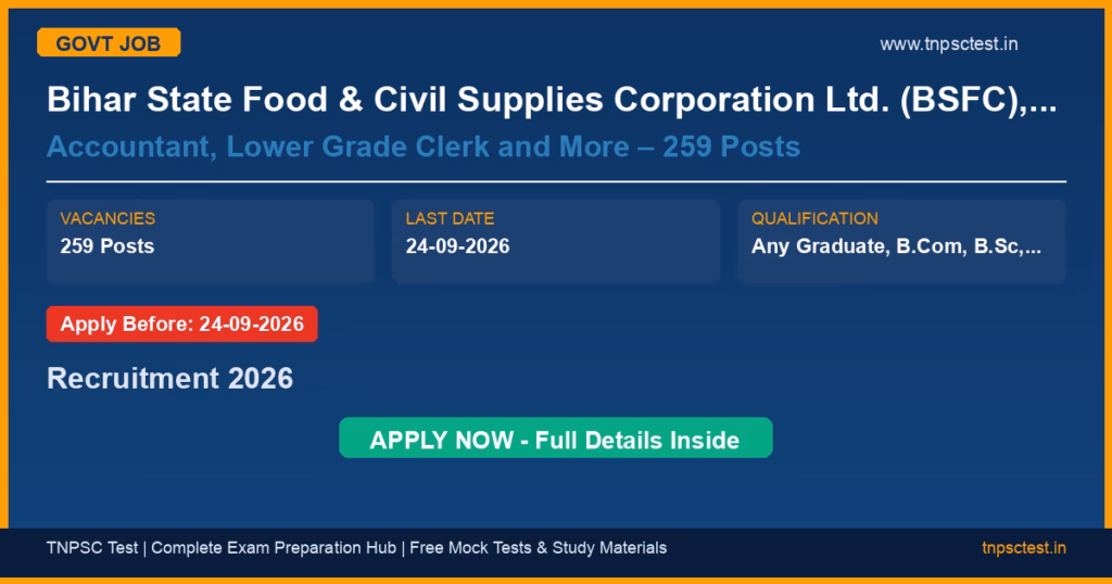 Bihar State Food & Civil Supplies Corporation Ltd. (BSFC), under the Food & Consumer Protection Department, Govt. of Bihar Accountant, Lower Grade Clerk and More – 259 Posts Recruitment 2026