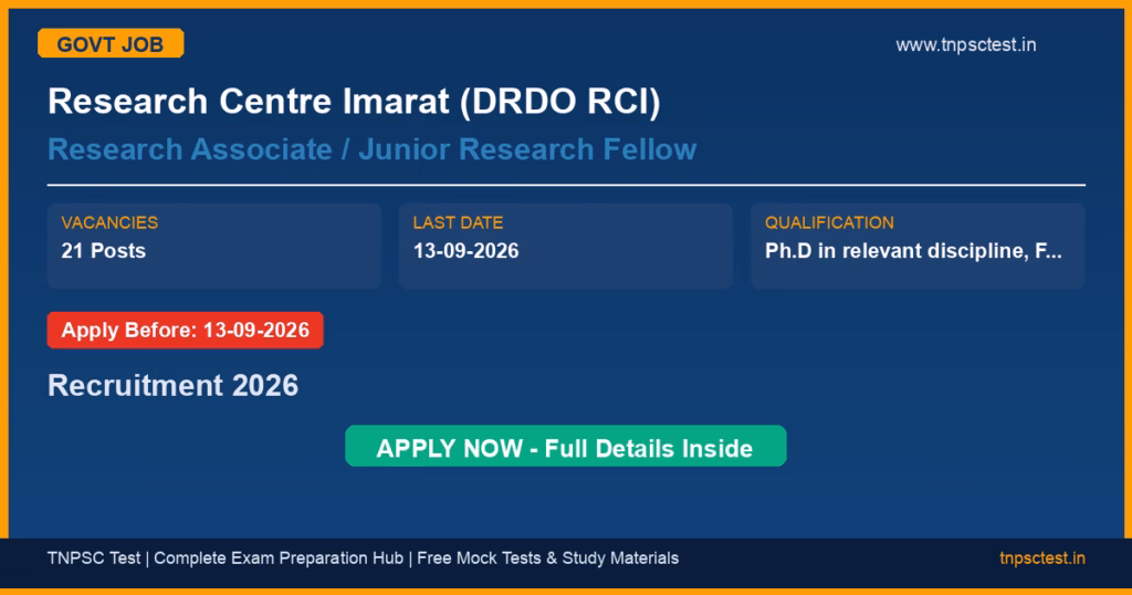 Research Centre Imarat (DRDO RCI) Research Associate / Junior Research Fellow Recruitment 2026