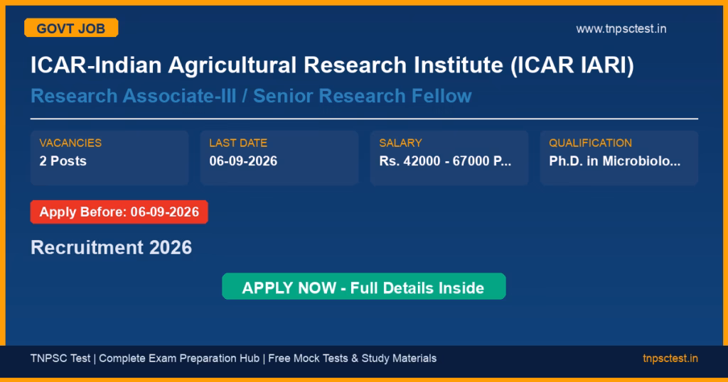 ICAR-Indian Agricultural Research Institute (ICAR IARI) Research Associate-III / Senior Research Fellow Recruitment 2026