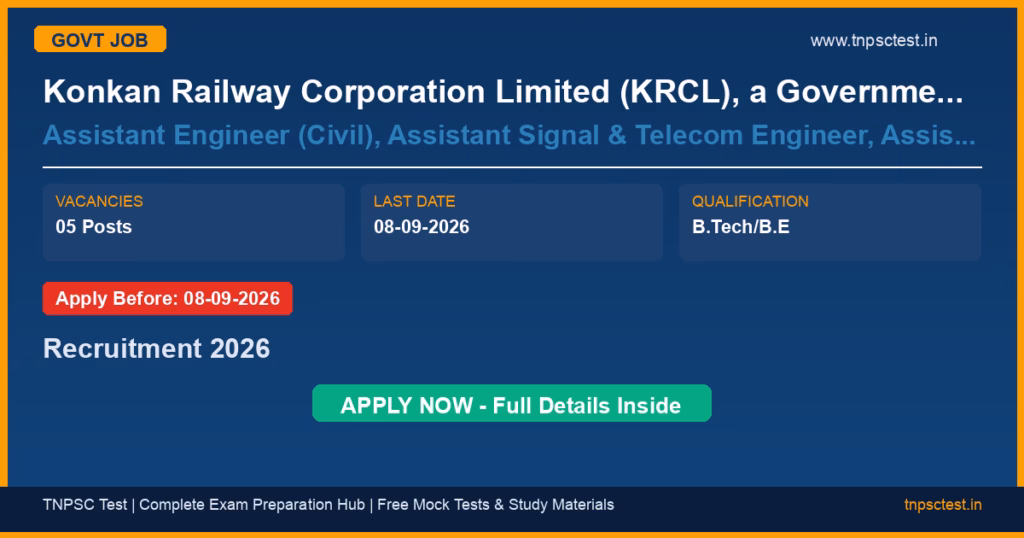 Konkan Railway Corporation Limited (KRCL), a Government of India Undertaking under the Ministry of Railways Assistant Engineer (Civil), Assistant Signal & Telecom Engineer, Assistant Mechanical Engineer Recruitment 2026