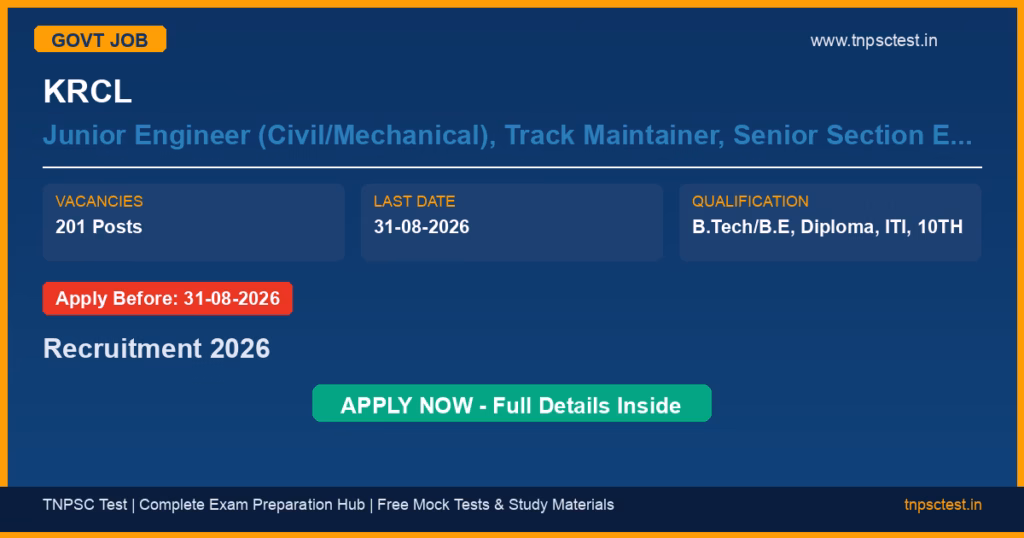 KRCL Junior Engineer (Civil/Mechanical), Track Maintainer, Senior Section Engineer (S&T/Mechanical), ESTM-III, Section Controller, Station Master, Goods Train Manager, Assistant Loco Pilot, Technician-III (Mechanical), Commercial Supervisor Recruitment 2026