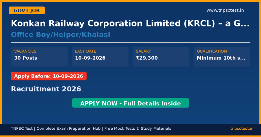 Konkan Railway Corporation Limited (KRCL) – a Government of India Undertaking, Ministry of Railways Office Boy/Helper/Khalasi Recruitment 2026