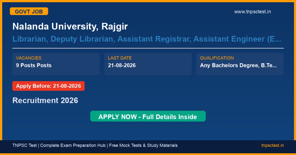 Nalanda University, Rajgir Librarian, Deputy Librarian, Assistant Registrar, Assistant Engineer (Electrical), Senior Assistant, Library Assistant and Assistant Recruitment 2026