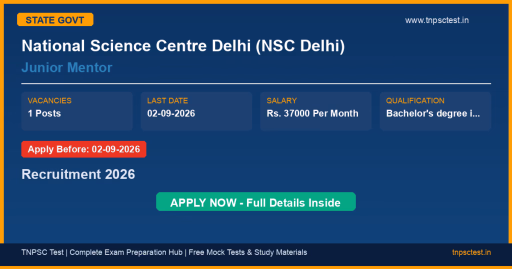 National Science Centre Delhi (NSC Delhi) Junior Mentor Recruitment 2026