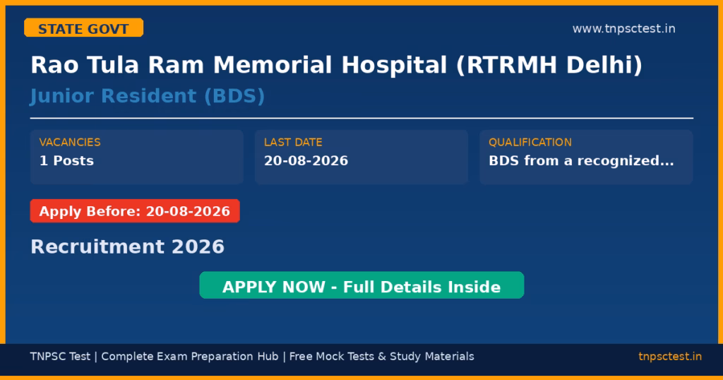 Rao Tula Ram Memorial Hospital (RTRMH Delhi) Junior Resident (BDS) Recruitment 2026