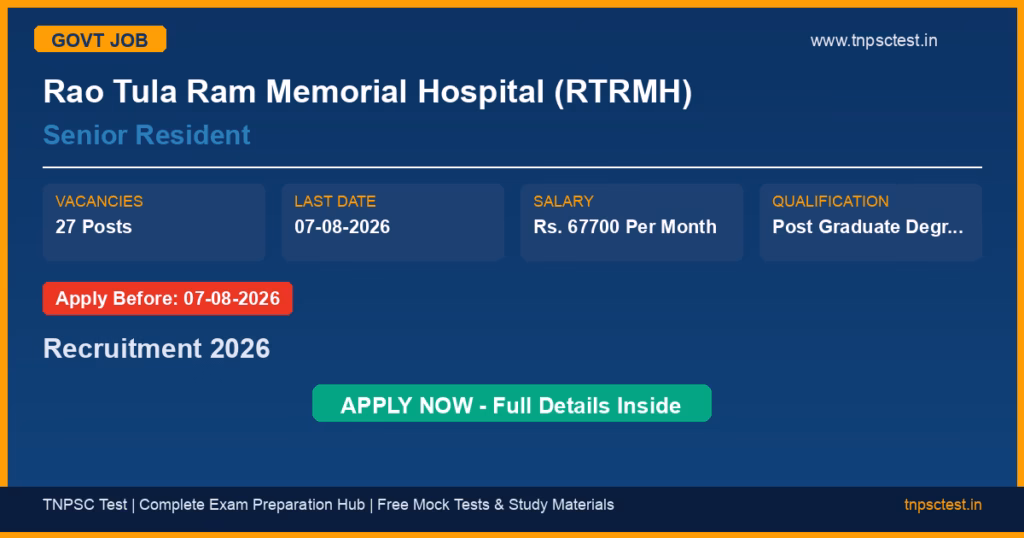 Rao Tula Ram Memorial Hospital (RTRMH) Senior Resident Recruitment 2026
