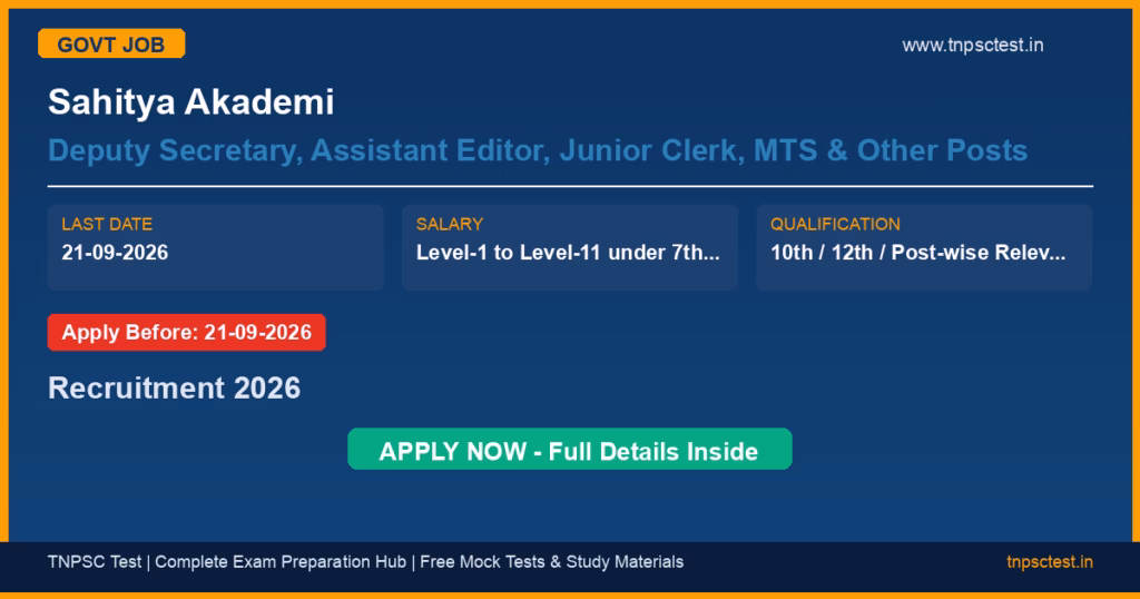 Sahitya Akademi Deputy Secretary, Assistant Editor, Junior Clerk, MTS & Other Posts Recruitment 2026