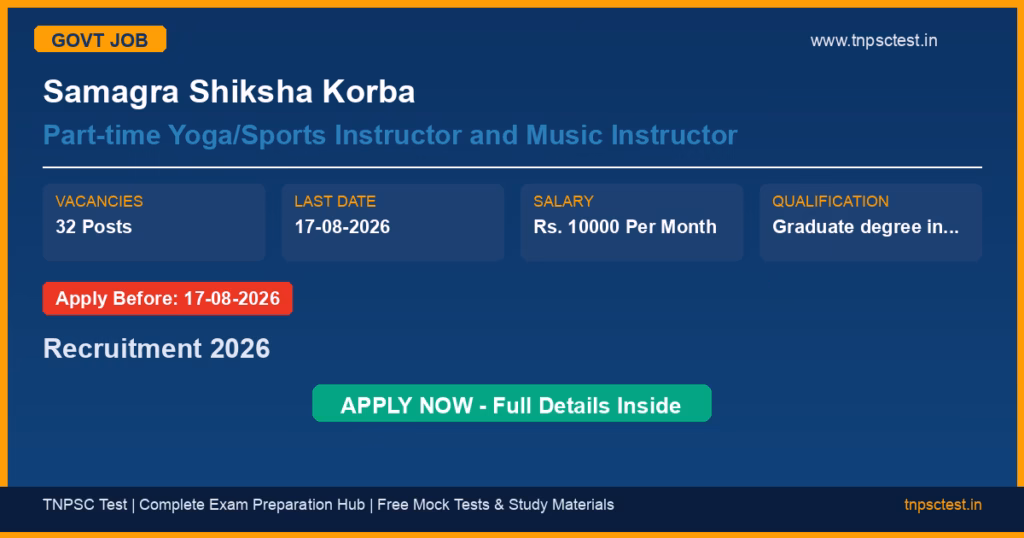 Samagra Shiksha Korba Part-time Yoga/Sports Instructor and Music Instructor Recruitment 2026