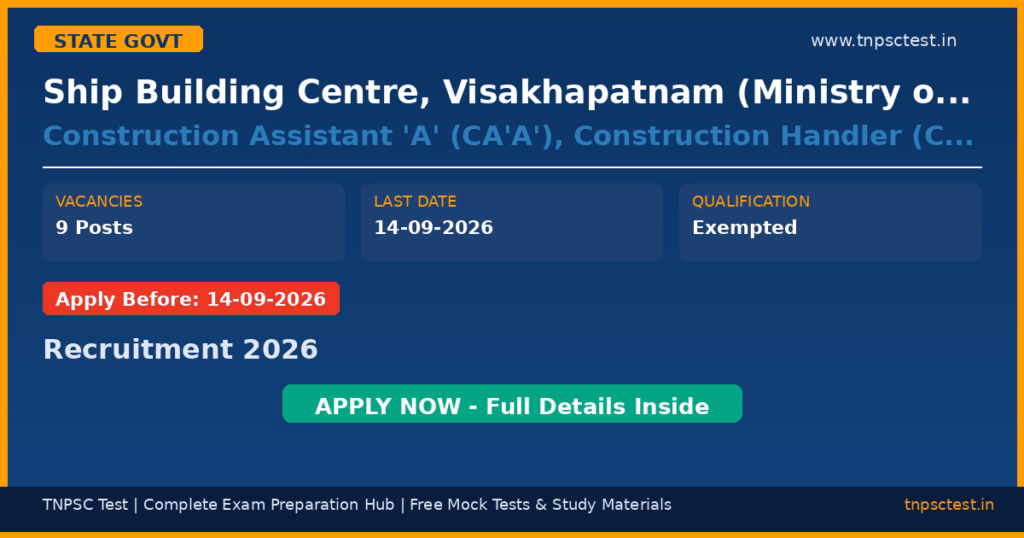 Ship Building Centre, Visakhapatnam (Ministry of Defence, R&D) Construction Assistant 'A' (CA'A'), Construction Handler (CH), Fire Engine Driver-OG (FED-OG), Civilian Motor Transport Driver-OG (CMTD-OG) Recruitment 2026