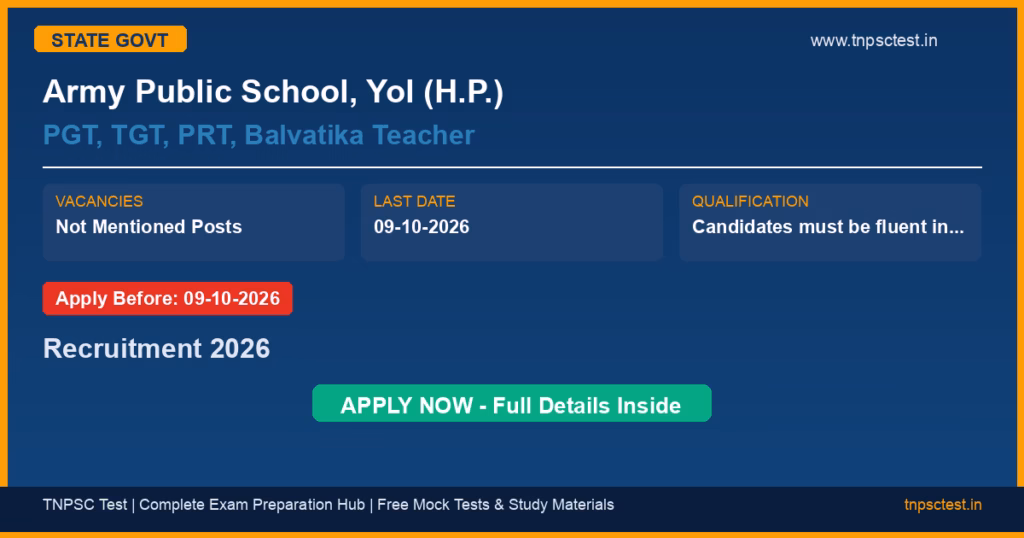 Army Public School, Yol (H.P.) PGT, TGT, PRT, Balvatika Teacher Recruitment 2026