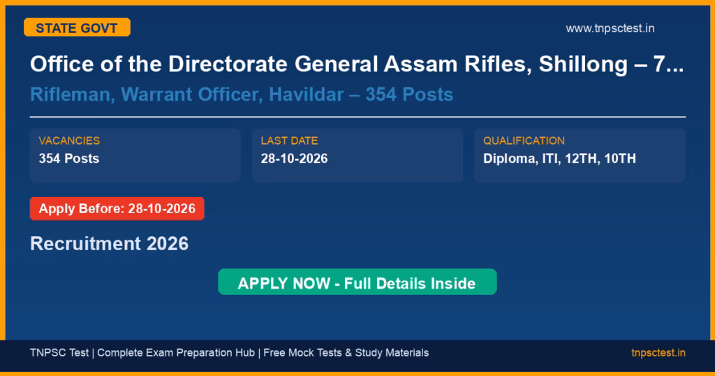 Office of the Directorate General Assam Rifles, Shillong – 793010 Rifleman, Warrant Officer, Havildar – 354 Posts Recruitment 2026