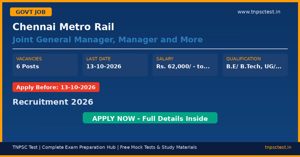Chennai Metro Rail Joint General Manager, Manager and More Recruitment 2026