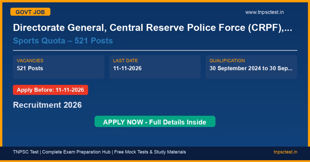 Directorate General, Central Reserve Police Force (CRPF), Ministry of Home Affairs Sports Quota – 521 Posts Recruitment 2026