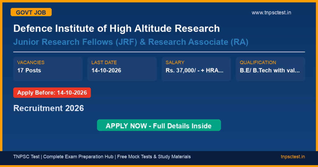 Defence Institute of High Altitude Research Junior Research Fellows (JRF) & Research Associate (RA) Recruitment 2026