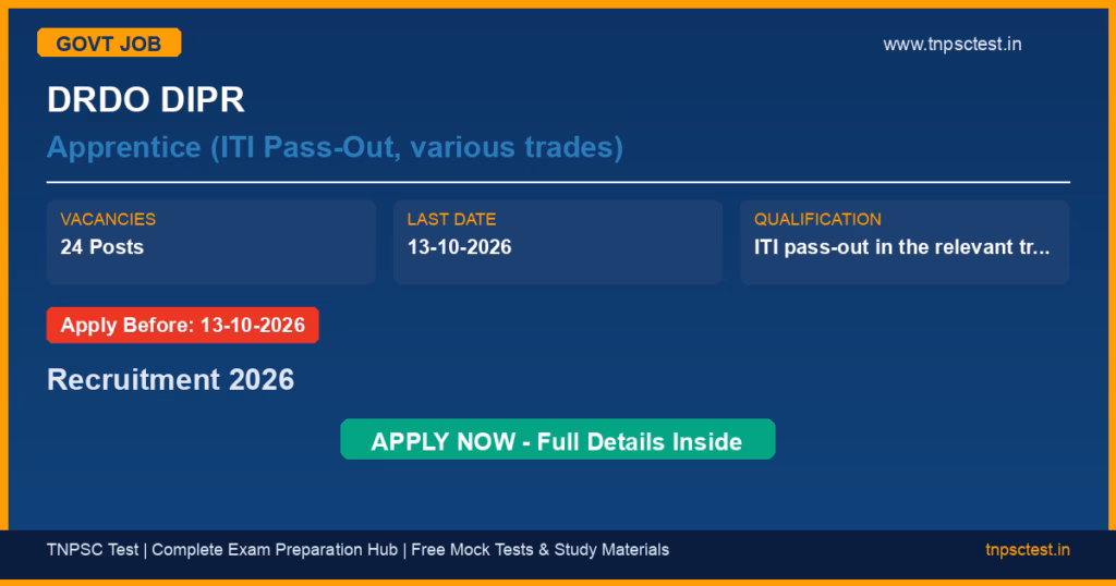 DRDO DIPR Apprentice (ITI Pass-Out, various trades) Recruitment 2026