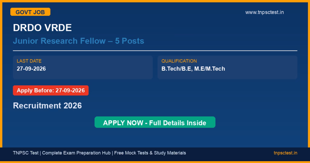 DRDO VRDE Junior Research Fellow – 5 Posts Recruitment 2026