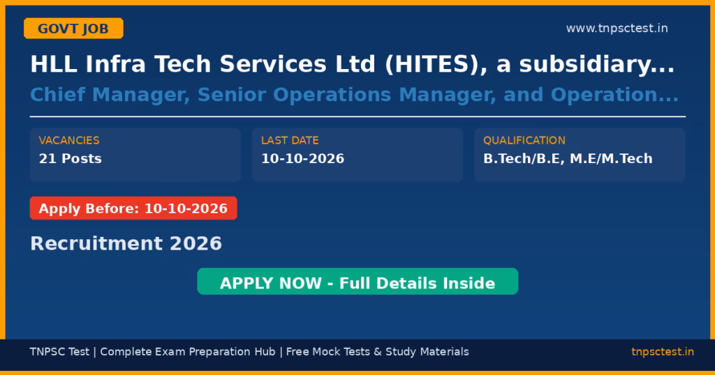 HLL Infra Tech Services Ltd (HITES), a subsidiary of HLL Lifecare Limited, under the aegis of the Ministry of Health & Family Welfare, Government of India Chief Manager, Senior Operations Manager, and Operations Manager – 21 Posts Recruitment 2026
