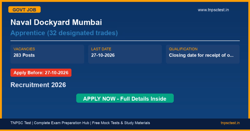 Naval Dockyard Mumbai Apprentice (32 designated trades) Recruitment 2026