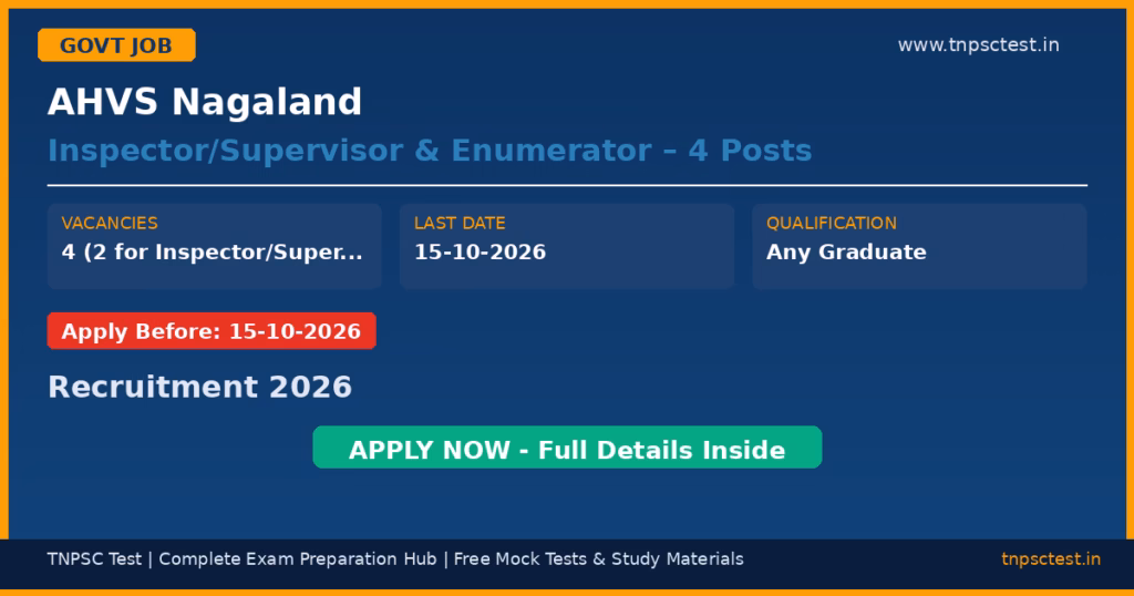 AHVS Nagaland Inspector/Supervisor & Enumerator – 4 Posts Recruitment 2026