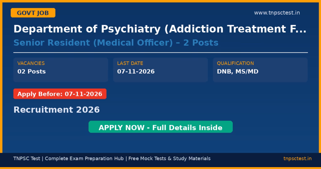 Department of Psychiatry (Addiction Treatment Facility) Senior Resident (Medical Officer) – 2 Posts Recruitment 2026