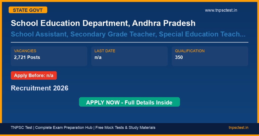 School Education Department, Andhra Pradesh School Assistant, Secondary Grade Teacher, Special Education Teacher, Principal, PGT, TGT, Physical Director, Physical Education Teacher Recruitment 2026