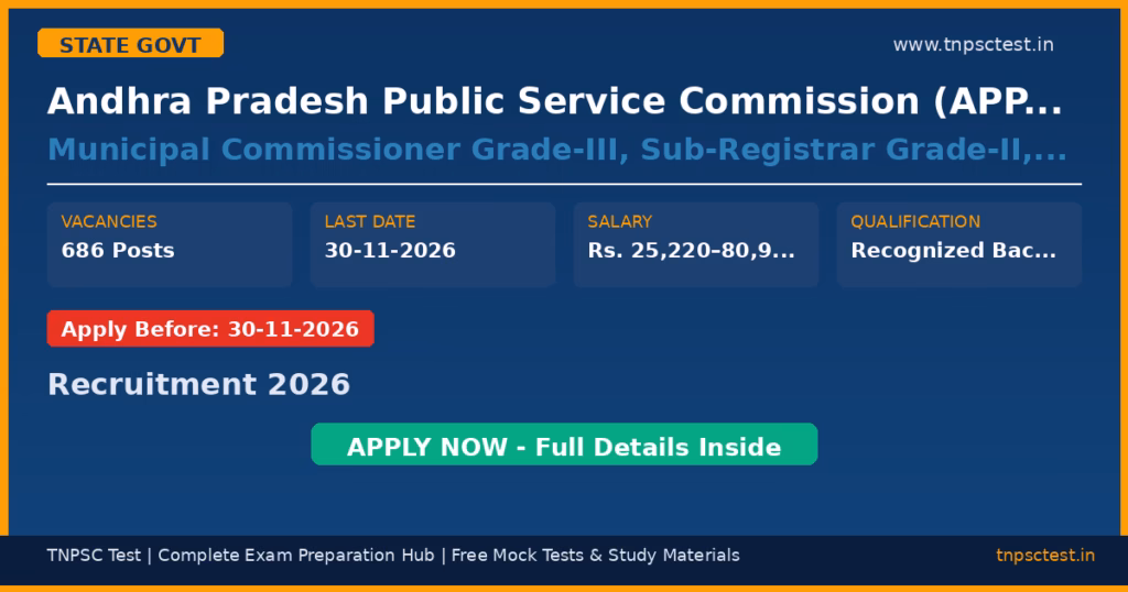 Andhra Pradesh Public Service Commission (APPSC) Municipal Commissioner Grade-III, Sub-Registrar Grade-II, Deputy Tahsildar, Goods and Service Tax Officer, Assistant Registrar of Cooperative Societies, Deputy Mandal Parishad Development Officer, Prohibition and Excise Sub-Inspector, Assistant Section Officer, Senior Accountant and Junior Accountant Recruitment 2026