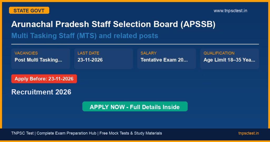 Arunachal Pradesh Staff Selection Board (APSSB) Multi Tasking Staff (MTS) and related posts Recruitment 2026