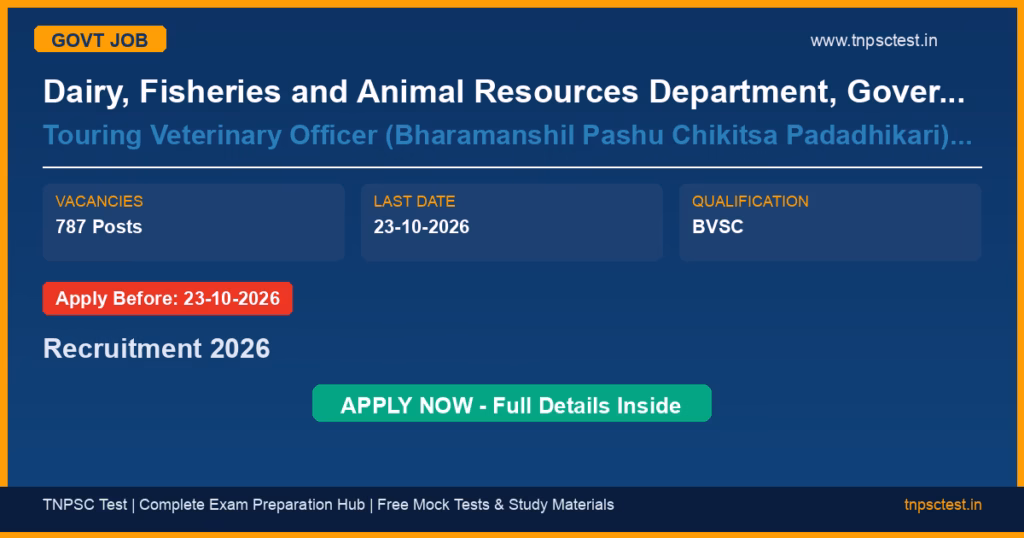 Dairy, Fisheries and Animal Resources Department, Government of Bihar Touring Veterinary Officer (Bharamanshil Pashu Chikitsa Padadhikari) & equivalent, basic cadre of Bihar Veterinary Service Recruitment 2026