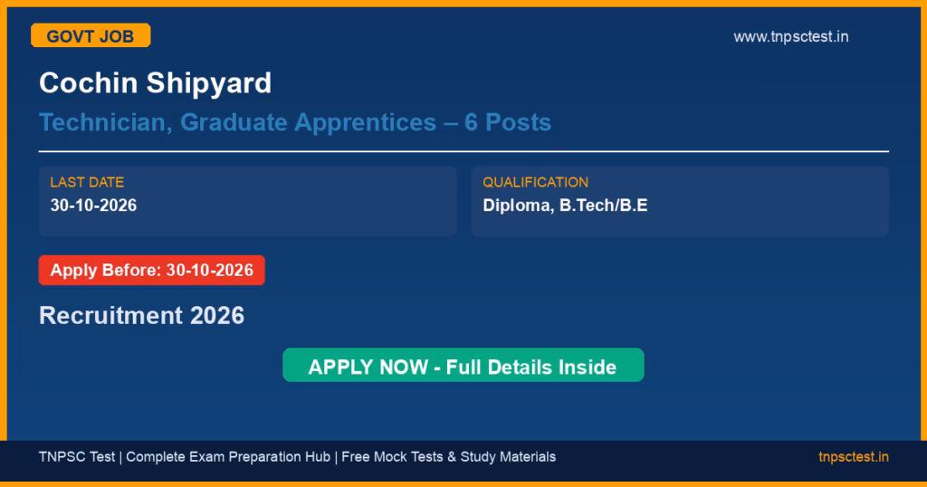 Cochin Shipyard Technician, Graduate Apprentices – 6 Posts Recruitment 2026