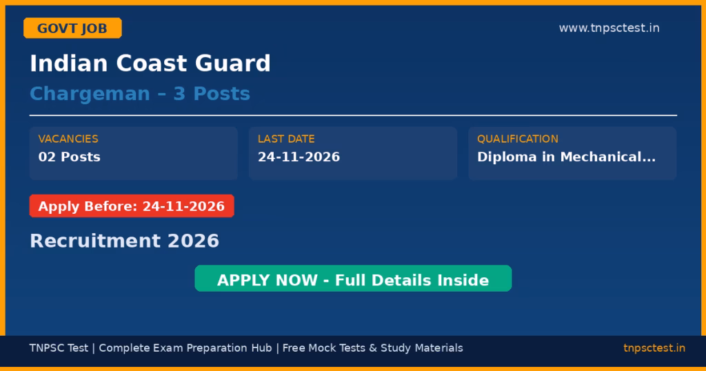 Indian Coast Guard Chargeman – 3 Posts Recruitment 2026