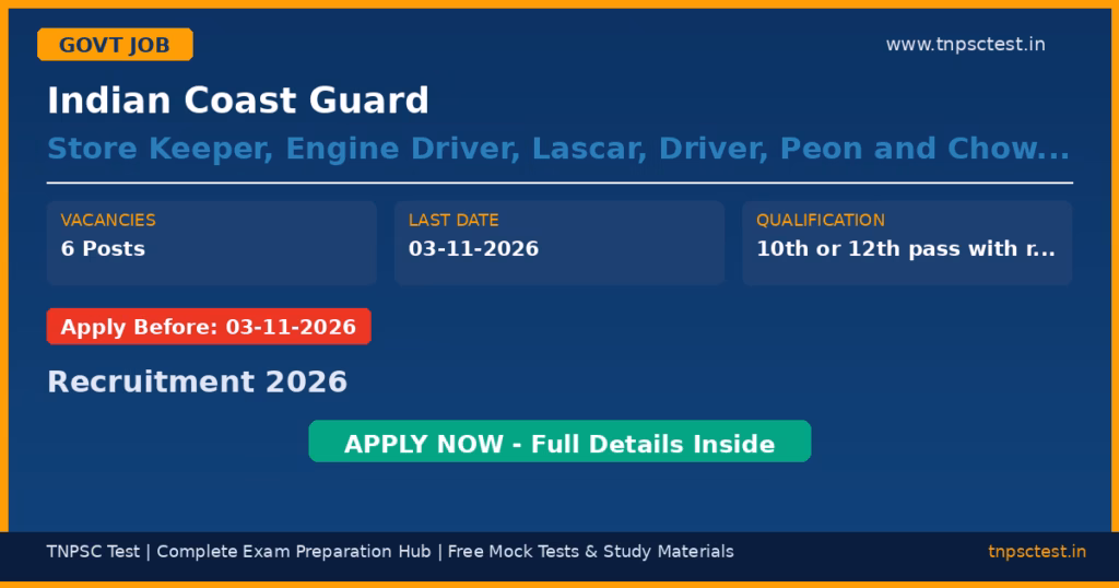 Indian Coast Guard Store Keeper, Engine Driver, Lascar, Driver, Peon and Chowkidar Recruitment 2026