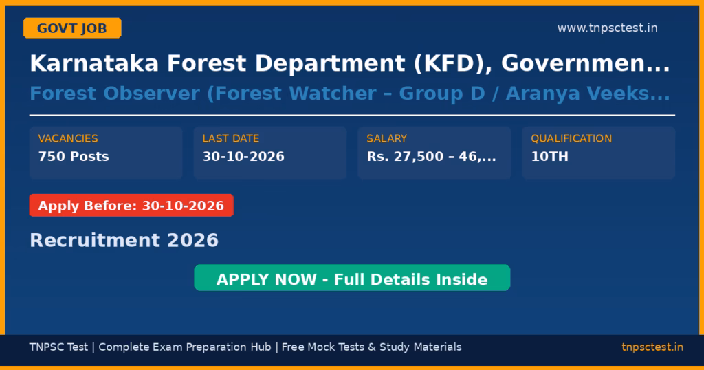 Karnataka Forest Department (KFD), Government of Karnataka Forest Observer (Forest Watcher – Group D / Aranya Veekshaka) Recruitment 2026