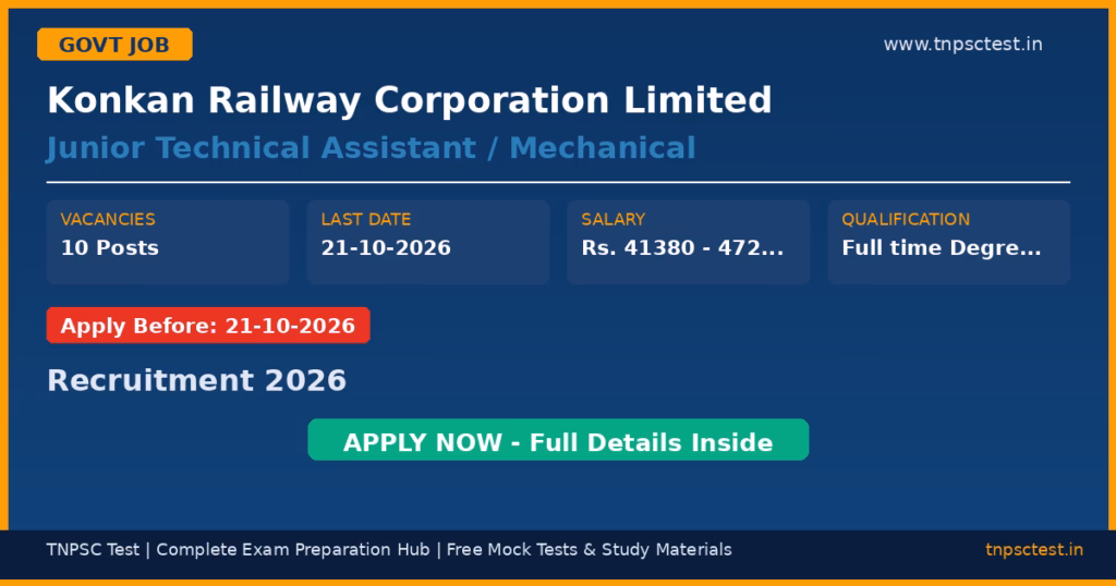Konkan Railway Corporation Limited Junior Technical Assistant / Mechanical Recruitment 2026