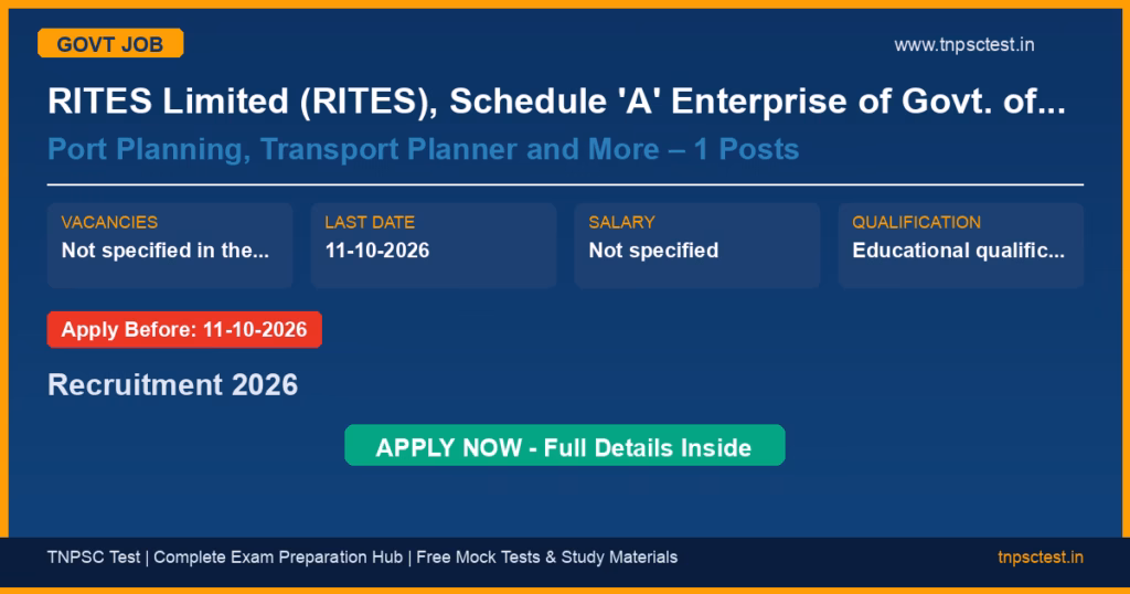 RITES Limited (RITES), Schedule 'A' Enterprise of Govt. of India Port Planning, Transport Planner and More – 1 Posts Recruitment 2026