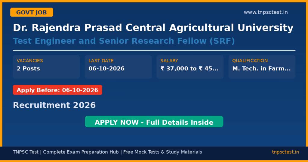 Dr. Rajendra Prasad Central Agricultural University Test Engineer and Senior Research Fellow (SRF) Recruitment 2026