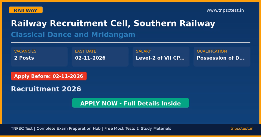 Railway Recruitment Cell, Southern Railway Classical Dance and Mridangam Recruitment 2026